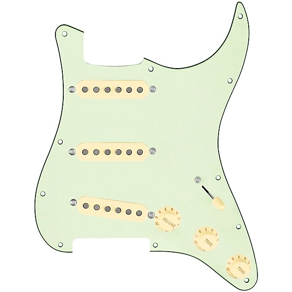 920d Custom Texas Grit Loaded Pickguard for Strat With Aged White Pickups and Knobs and S5W Wiring Harness Mint Green