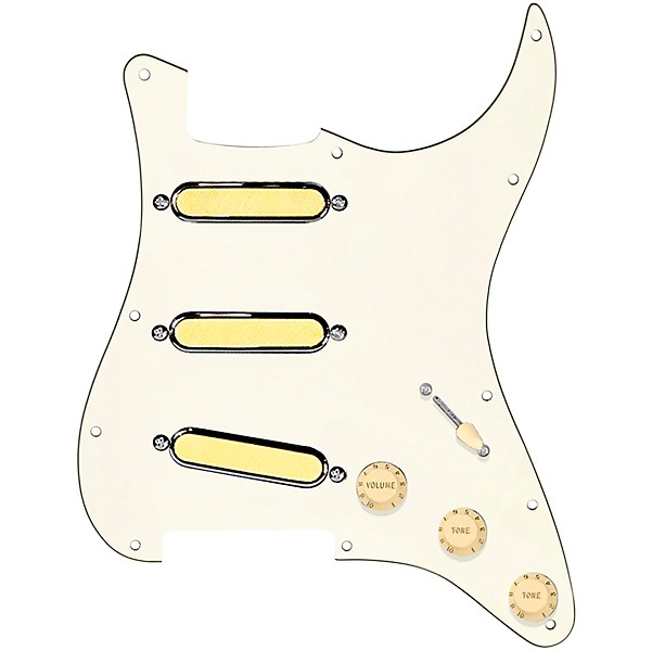 920d Custom Gold Foil Loaded Pickguard For Strat With Aged White Pickups and Knobs and S5W-BL-V Wiring Harness Parchment