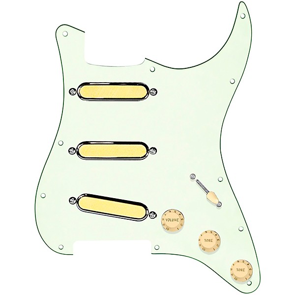 920d Custom Gold Foil Loaded Pickguard For Strat With Aged White Pickups and Knobs and S5W-BL-V Wiring Harness Mint Green