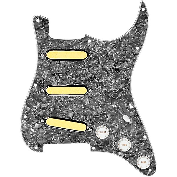 920d Custom Gold Foil Loaded Pickguard For Strat With White Pickups and Knobs and S5W-BL-V Wiring Harness Black Pearl