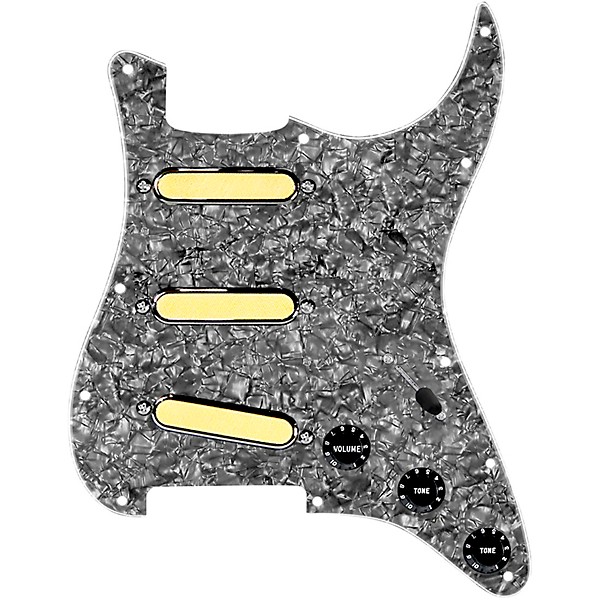920d Custom Gold Foil Loaded Pickguard For Strat With Black Pickups and Knobs and S5W Wiring Harness Black Pearl