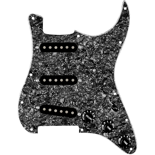 920d Custom Texas Grit Loaded Pickguard for Strat With Black Pickups and Knobs and S5W Wiring Harness Black Pearl