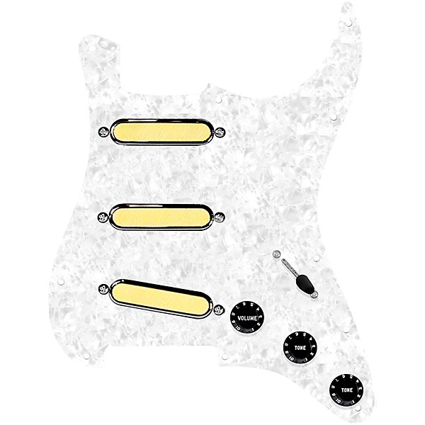920d Custom Gold Foil Loaded Pickguard For Strat With Black Pickups and Knobs and S5W-BL-V Wiring Harness White Pearl