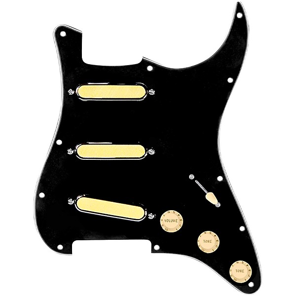 920d Custom Gold Foil Loaded Pickguard For Strat With Aged White Pickups and Knobs and S5W Wiring Harness Black