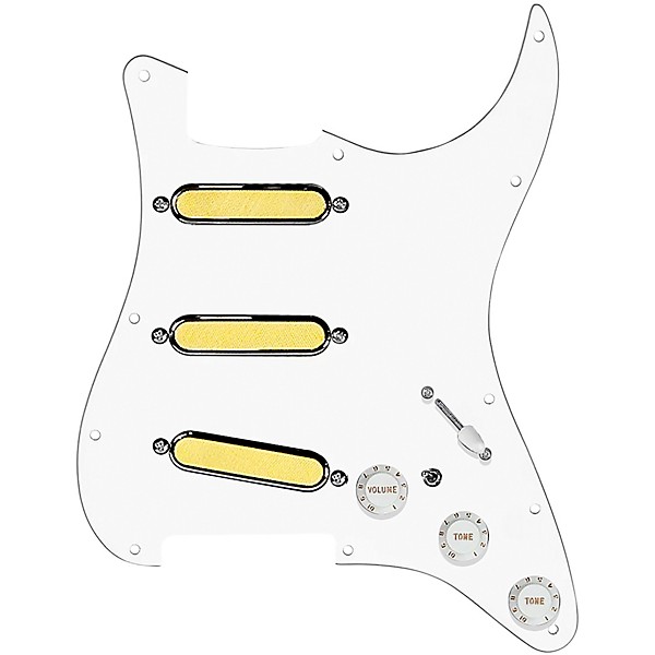 920d Custom Gold Foil Loaded Pickguard For Strat With White Pickups and Knobs and S7W-MT Wiring Harness White