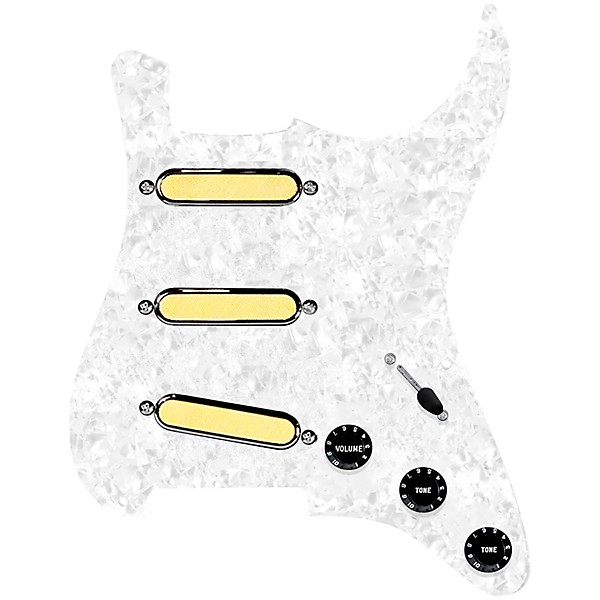 920d Custom Gold Foil Loaded Pickguard For Strat With Black Pickups and Knobs and S7W-MT Wiring Harness White Pearl