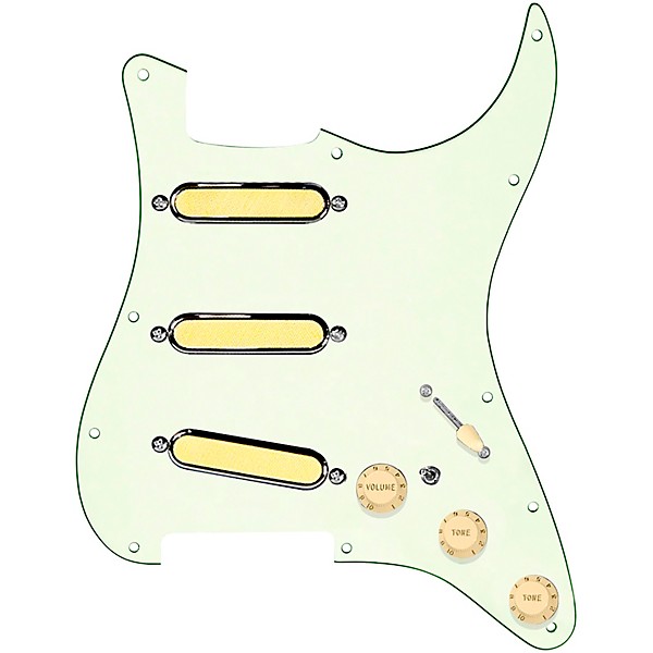 920d Custom Gold Foil Loaded Pickguard For Strat With Aged White Pickups and Knobs and S7W-MT Wiring Harness Mint Green