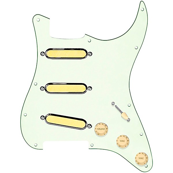 920d Custom Gold Foil Loaded Pickguard For Strat With Aged White Pickups and Knobs and S7W Wiring Harness Mint Green