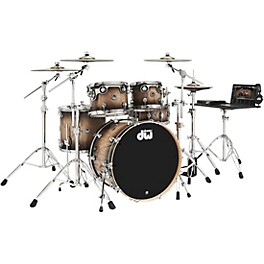 ... DW DWe Wireless Acoustic-Electronic Convertible 5-Piece Drum Set Bundle With 22" Bass Drum, Cymbals and Hardware Exotic Curly Maple Black Burst