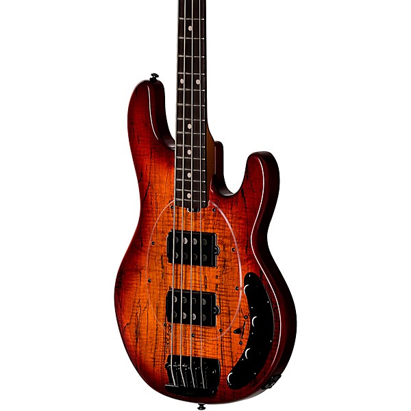 Sterling by Music Man StingRay RAY34 HH Spalted Maple Top Bass Blood Orange Burst