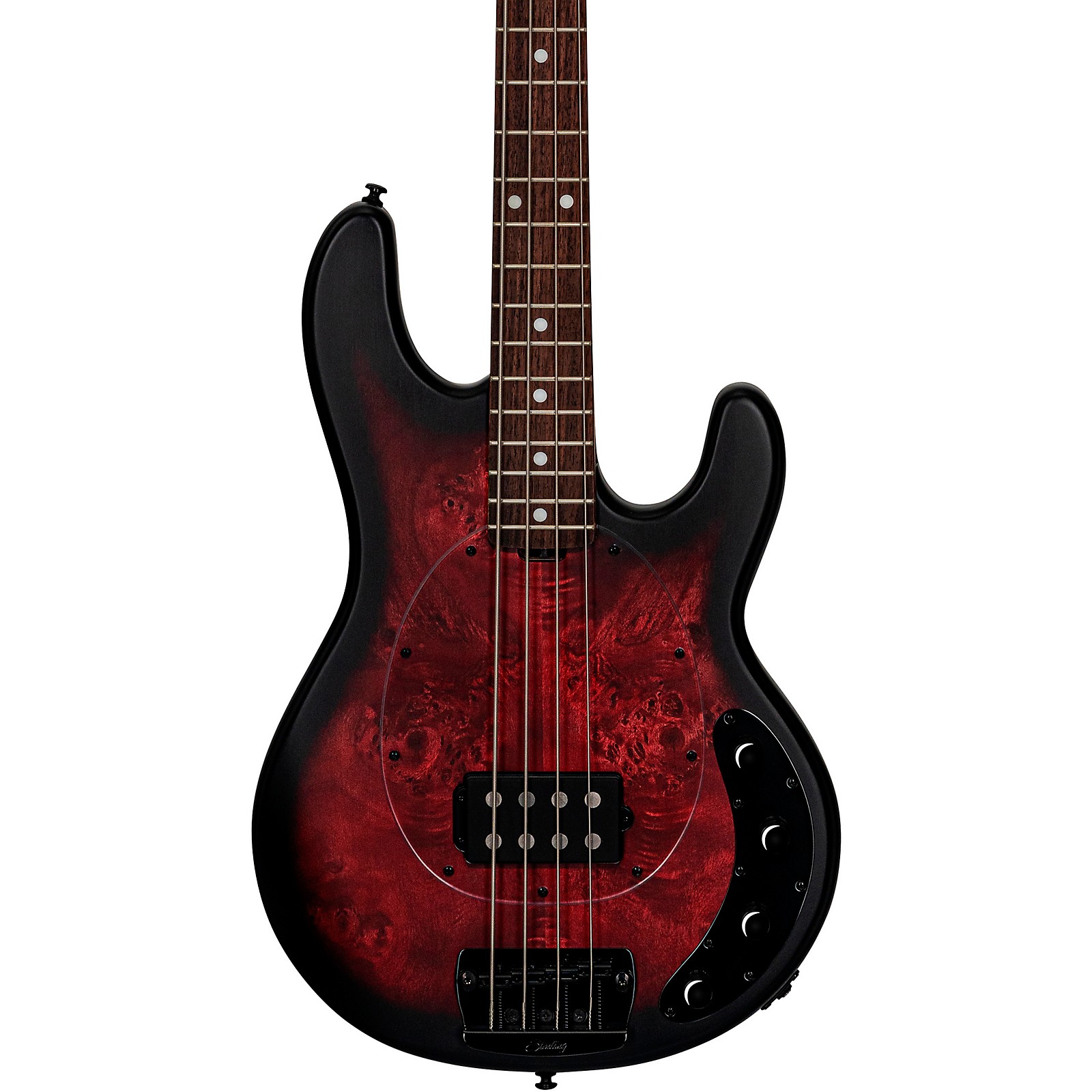 Sterling by Music Man StingRay RAY34 Poplar Burl Top Bass Dark Scarlet ...