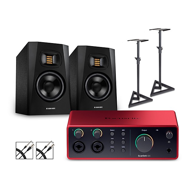 Focusrite Scarlett 4i4 Gen 4 with Adam Audio T-Series Studio Monitor Pair Bundle (Stands & Cables Included) T5V