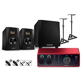 ... Focusrite Scarlett 4i4 Gen 4 With Adam Audio T-Series Studio Monitor Pair & T10S Subwoofer Bundle (Stands & Cables Included) T5V