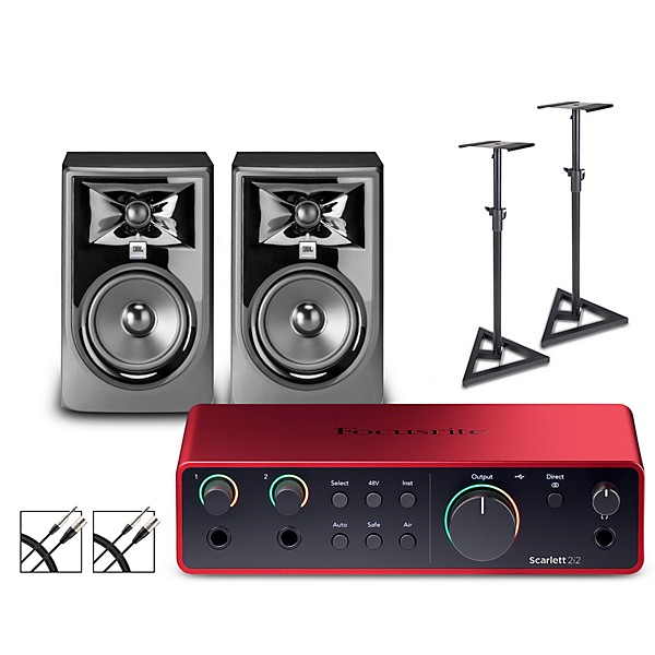 Focusrite Scarlett 2i2 Gen 4 with JBL 3 Series Studio Monitor Pair Bundle (Stands & Cables Included) 305MKII