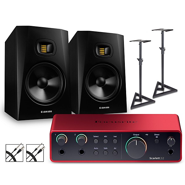 Focusrite Scarlett 2i2 Gen 4 with Adam Audio T-Series Studio Monitors (Stands & Cables Included) T8V
