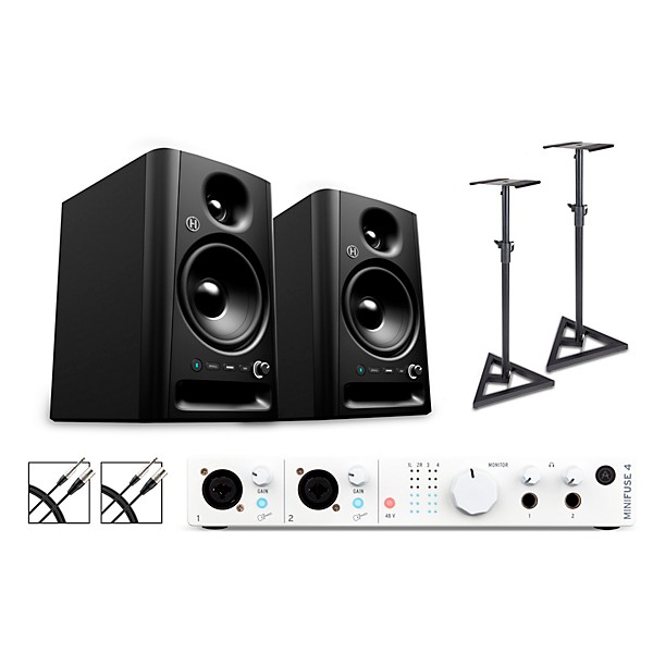 Arturia Minifuse 4 with Harbinger Studio Monitor Pair (Stands & Cables Included) SM505 White