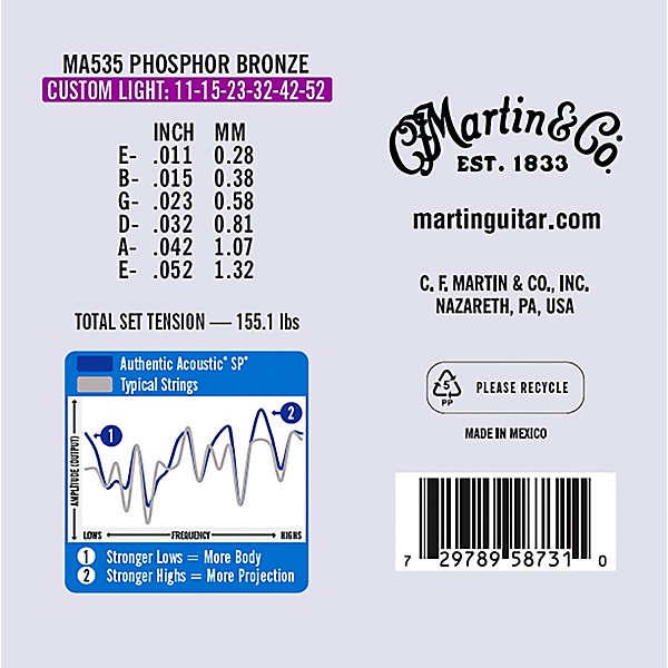Martin MA535 Authentic Acoustic SP Custom Light Guitar Strings 12-Pack 11 - 52