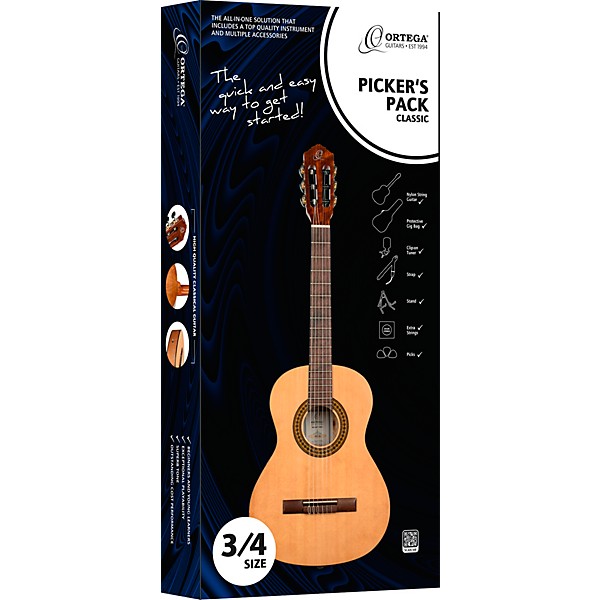 Ortega RPPC34 3/4 Size Nylon-String Classical Acoustic Guitar Pack Natural