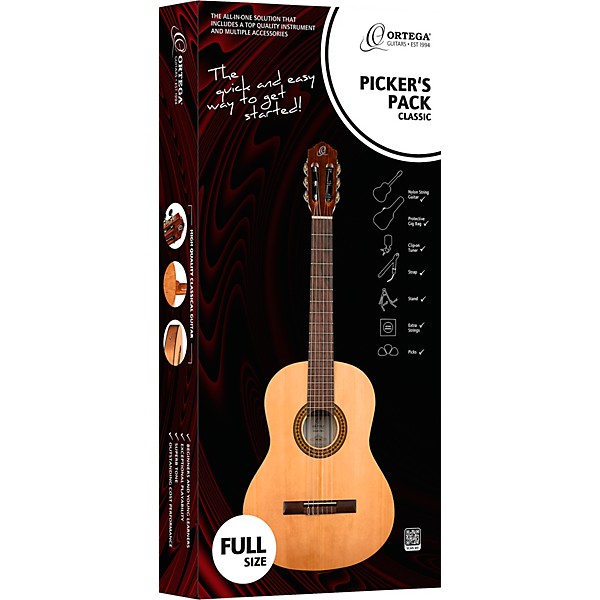 Ortega RPPC44 Full Size Nylon-String Classical Acoustic Guitar Pack Natural