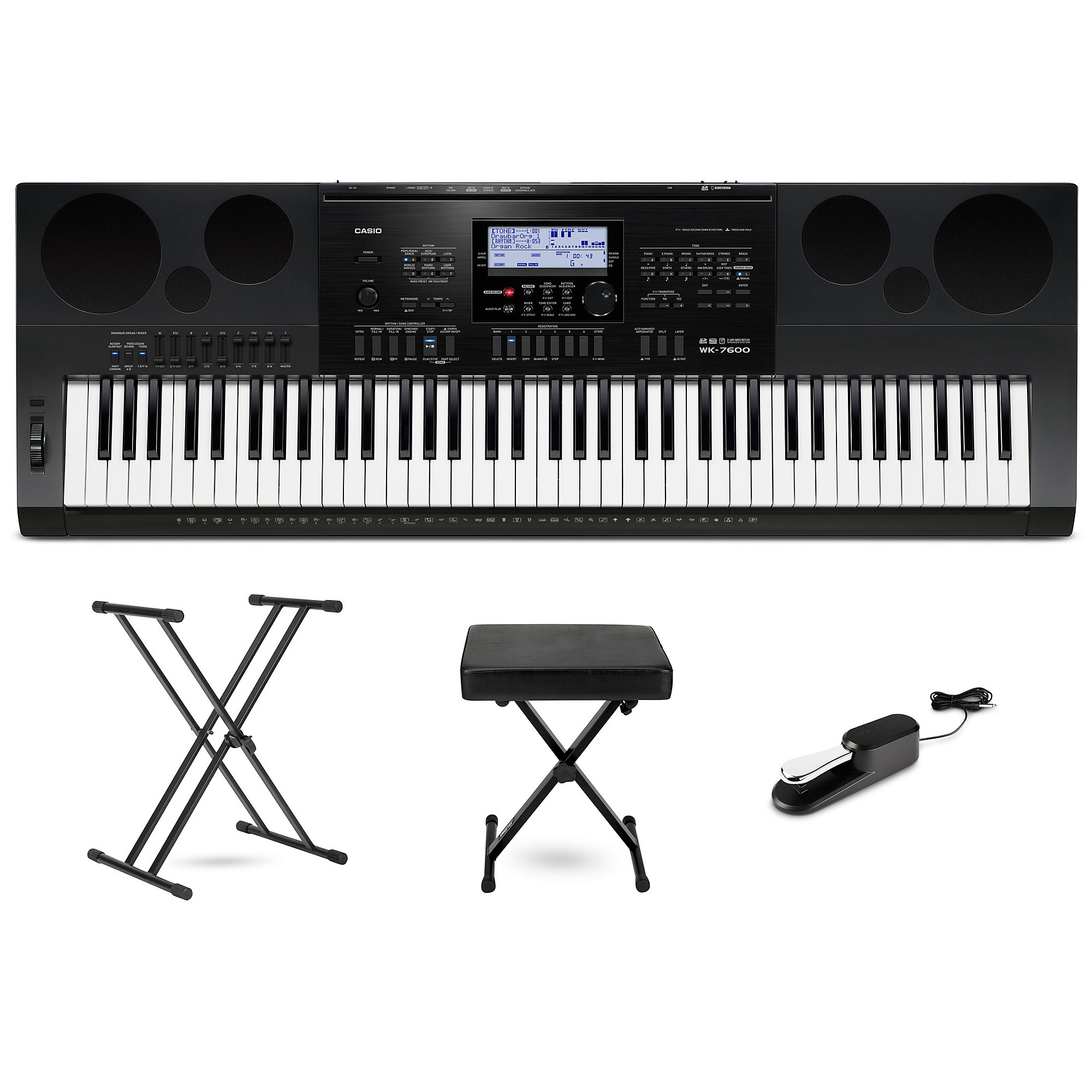 Casio WK-7600 76-Key Portable Keyboard Essentials Bundle | Guitar