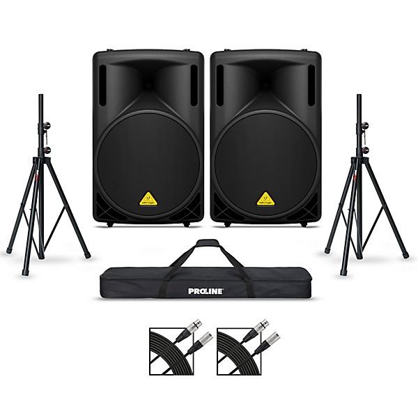 Behringer B215D 15" Powered Speaker Pair With Stands and Cables