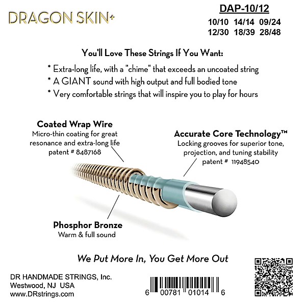 DR Strings Dragon Skin+ Coated Accurate Core Technology 12-String Phosphor Bronze Acoustic Guitar Strings 10 - 48