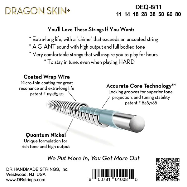 DR Strings Dragon Skin+ Coated Accurate Core Technology 8-String Nickel Electric Guitar Strings 11 - 80