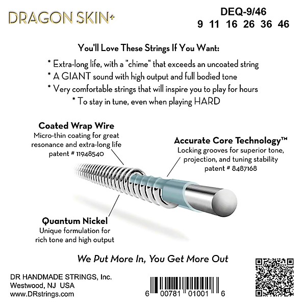 DR Strings Dragon Skin+ Coated Accurate Core Technology 6-String Nickel Electric Guitar Strings 9 - 46