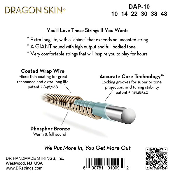 DR Strings Dragon Skin+ Coated Accurate Core Technology 6-String Phosphor Bronze Acoustic Guitar Strings 10 - 48