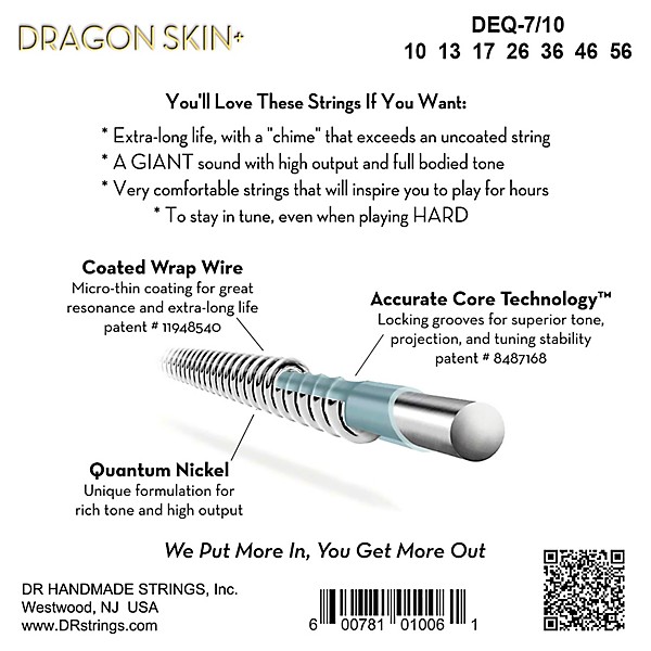 DR Strings Dragon Skin+ Coated Accurate Core Technology 7-String Nickel Electric Guitar Strings 10 - 56