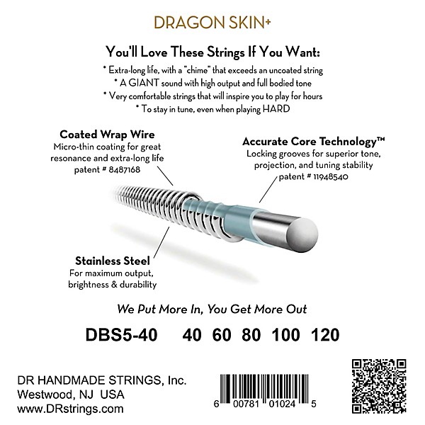 DR Strings Dragon Skin+ Coated Accurate Core Technology 5-String Stainless Steel Bass Strings 40 - 120