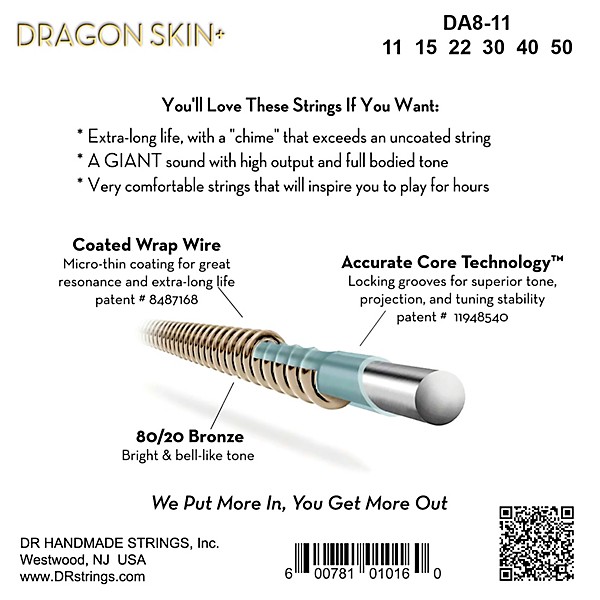 DR Strings Dragon Skin+ Coated Accurate Core Technology 6-String 80/20 Acoustic Guitar Strings 11 - 50