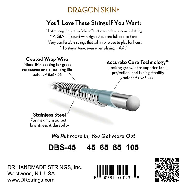 DR Strings Dragon Skin+ Coated Accurate Core Technology 4-String Stainless Steel Bass Strings 45 - 105