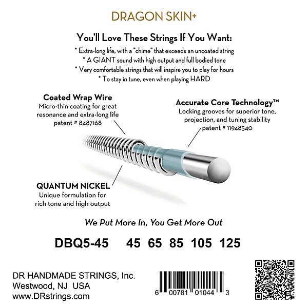DR Strings Dragon Skin+ Coated Accurate Core Technology 5-String Quantum Nickel Bass Strings 45 - 125