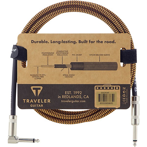 Traveler Guitar Traveler Guitar Braided Straight to Angle Instrument Cable 10 ft. Black/Rust
