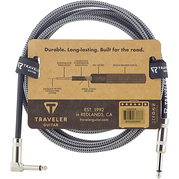 Traveler Guitar Traveler Guitar Braided Straight to Angle Instrument Cable 10 ft. Silver