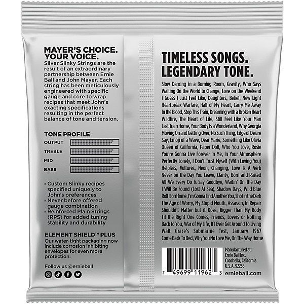 Ernie Ball John Mayer Silver Slinky Nickel Wound Electric Guitar Strings 6 Pack 10.5 - 47