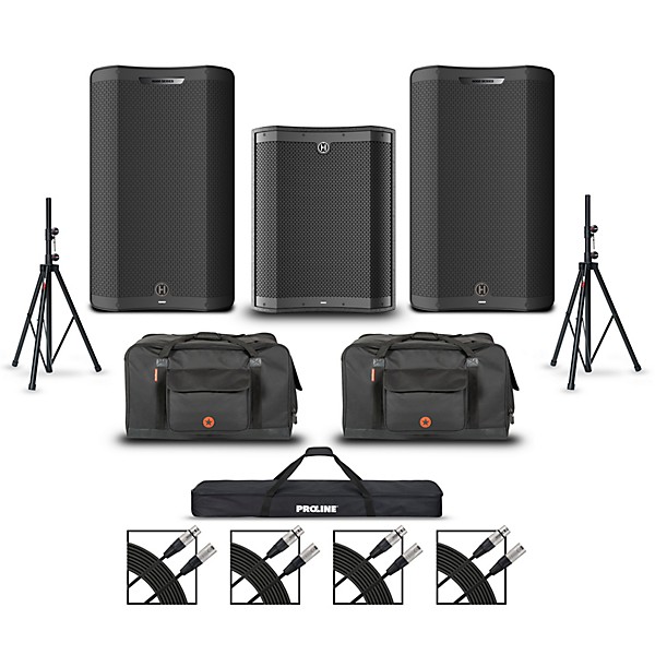 Harbinger VARI V4415 15" Powered Speakers Package With VS18 Subwoofer, Stands, Bags, and Cables