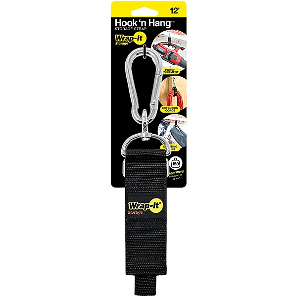 Wrap-It Storage Straps Hook 'n Hang Storage Strap - 12" x 1.5" - Hook and Loop Hanging Cinch Strap with Carabiner Black