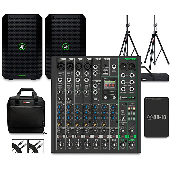 Mackie ProFX10GO Battery-Powered Mixer Bundle with Thump GO Speakers, Extra Battery, Stands, Cables and Mixer Bag