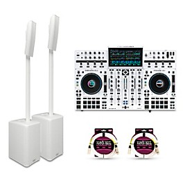 QSC KC12 Active 3-Way Column Speaker Pair With Denon Prime 4 + Standalone DJ Controller and Cables, White