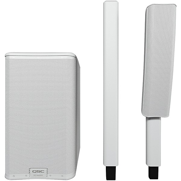 QSC KC12 Active 3-Way Column Speaker Pair With Denon Prime 4 + Standalone DJ Controller and Cables, White