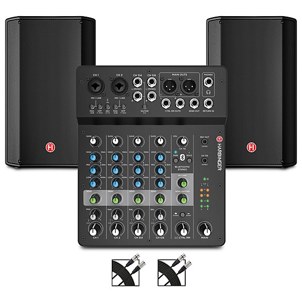 Harbinger VARI V1112 12" Powered Speakers Package With LV8 Mixer & Cables