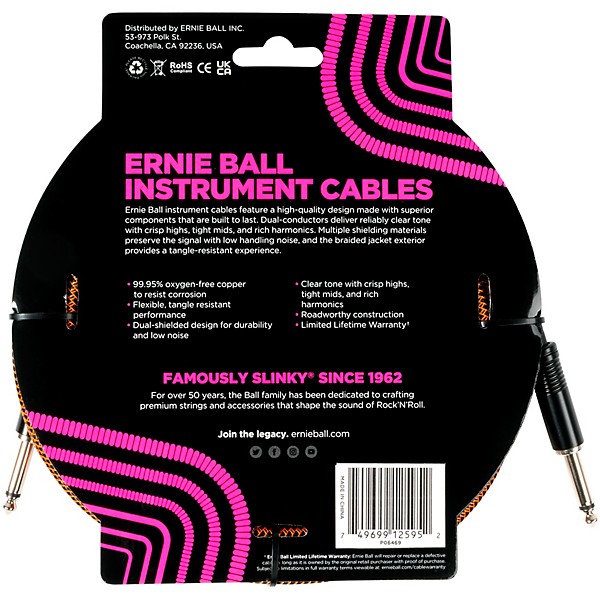 Ernie Ball Braided Straight to Straight Instrument Cable 18 ft. Pumpkin Pie