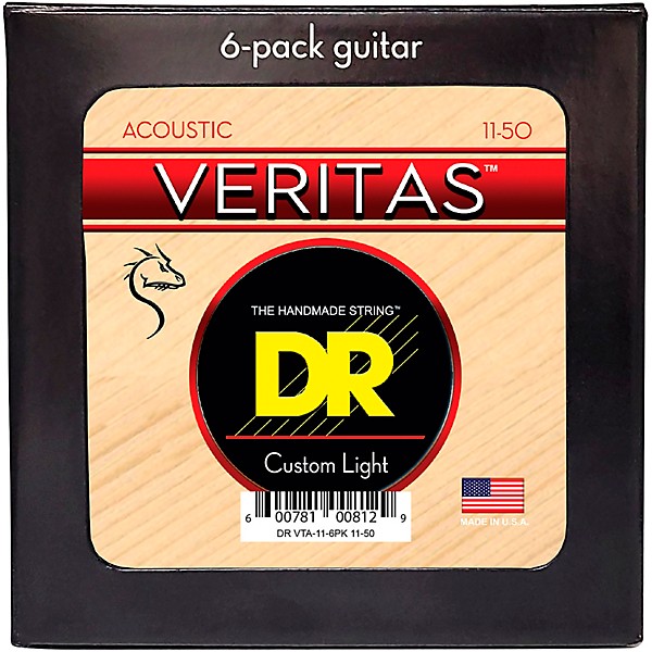 DR Strings VERITAS Uncoated Accurate Core Technology Acoustic Guitar Strings 6-Pack Custom Light (11 - 50)