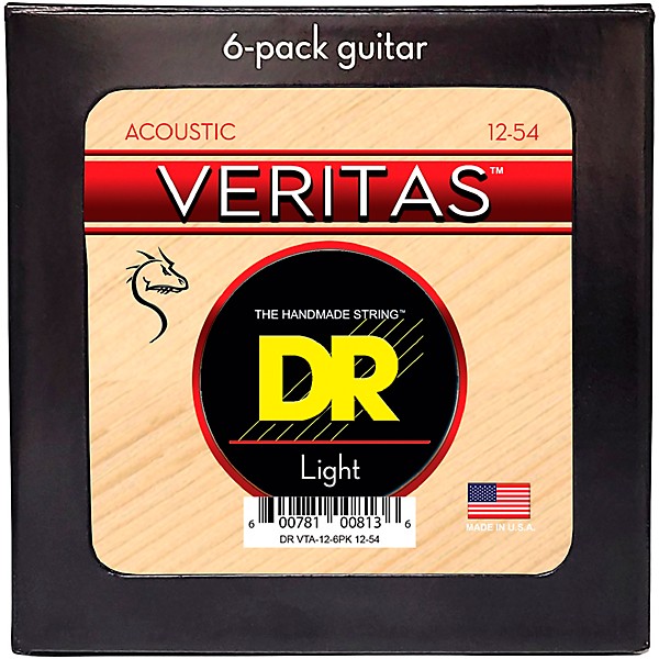 DR Strings VERITAS Uncoated Accurate Core Technology Acoustic Guitar Strings 6-Pack Light (12-54)