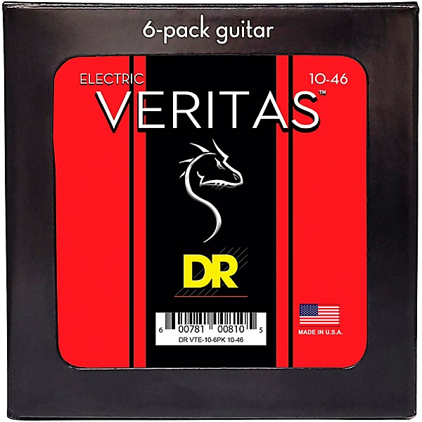 DR Strings VERITAS Uncoated Accurate Core Technology Electric Guitar Strings 6-Pack Medium (10-46)