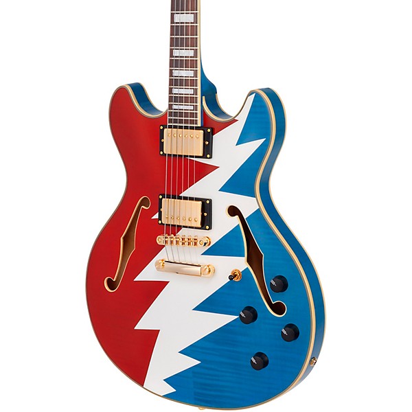 D'Angelico Premier Grateful Dead DC Semi-Hollow Electric Guitar Red, White, and Blue Lightning Bolt