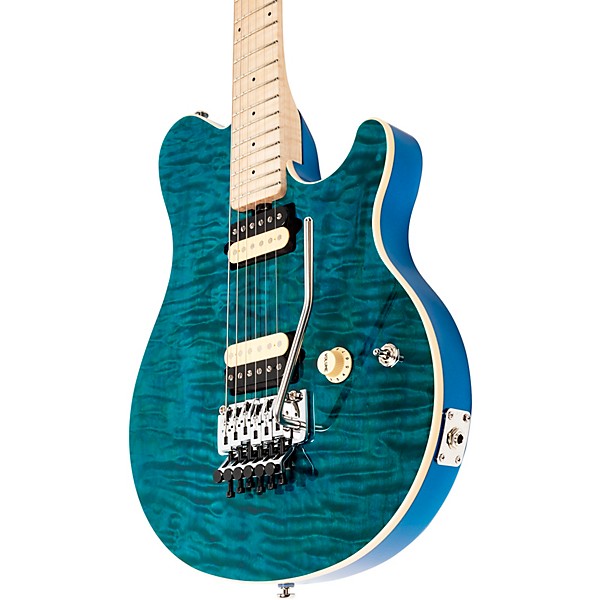 Ernie Ball Music Man Axis Premium One Piece Quilt Top Electric Guitar Translucent Blue