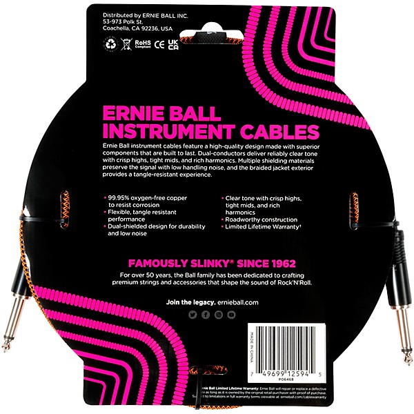 Ernie Ball Braided Instrument Cable Straight/Straight 2-Pack 10 ft. Pumpkin Pie